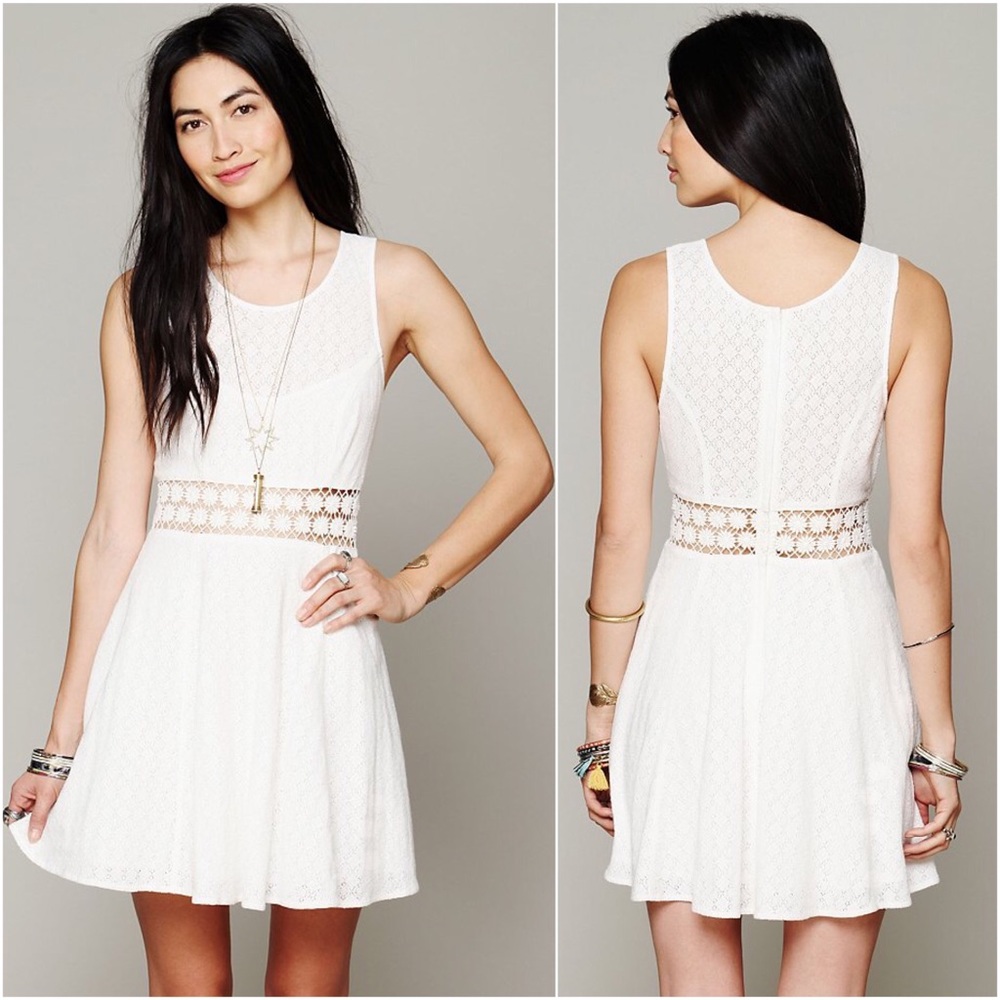 Free People White Crochet Waist Sleeveless Skater Dress